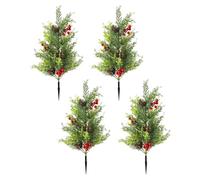 JOYWU 4 Pack Outdoor Christmas Tree with Stakes,55cm Artificial Pine Trees with Red Berries,Pine Cone and Ground Spikes,Outside Waterproof Christmas Decoration Tree for Pathway Patio Yard Garden