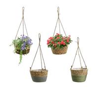 JOYWU 4 Pack Woven Hanging Planter Basket for Plants & Flowers,50 x 20cm Seagrass Woven Hanging Flower Pots with Plastic Liner and Jute Rope,Home Garden Boho Decor Plant Holders,Plant Hangers