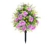 JOYWU 55cm Artificial Boxwood Topiary Ball Trees with Rose Flowers, UV Resistant Faux Plants Outdoor with Ground Spike, Lifelike Fake Evergreen Shrubs Bushes for Porch Garden Home Decor (1, Purple)