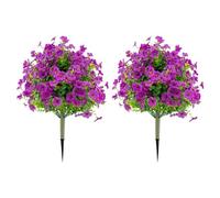 JOYWU 56cm Set of 2 Artificial Boxwood Topiary Balls with Violet Flowers - UV Resistant Faux Shrubs, Realistic Outdoor Plants for Garden, Porch, Patio Decor with Ground Spikes (D-Purple)