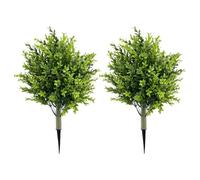 JOYWU 56cm Set of 2 Artificial Boxwood Topiary Balls with Violet Flowers - UV Resistant Faux Shrubs, Realistic Outdoor Plants for Garden, Porch, Patio Decor with Ground Spikes (E-Boxwood)