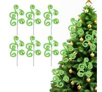 JOYWU 6 Pcs Green Furry Christmas Tree Picks,40cm Limen Green Christmas Tree Topper,Curly Xmas Tree Pick Elf Stems with Red Bells,Xmas Tree Ornament,Christmas Filler Branches