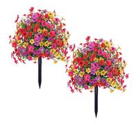 JOYWU 60cm Artificial Boxwood Topiary Ball Trees with Violet Flowers,UV Resistant Faux Plants Outdoor with Ground Spike,Lifelike Fake Shrubs Bushes for Porch Front Garden Home Decor (2, Colourful)