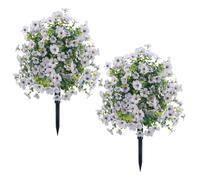 JOYWU 60cm Artificial Boxwood Topiary Ball Trees with Violet Flowers,UV Resistant Faux Plants Outdoor with Ground Spike,Lifelike Fake Shrubs Bushes for Porch Front Garden Home Decor (2, White)