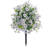 JOYWU 60cm Artificial Boxwood Topiary Ball Trees with Violet Flowers,UV Resistant Faux Plants Outdoor with Ground Spike,Lifelike Fake Shrubs Bushes for Porch Front Garden Home Decor (1, White)