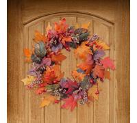JOYWU Artificial Autumn Maple Leaves Wreath,50cm Autumn Door Wreath with Red Orange Maple Leaves,Berries and Green Leaf,Farmhouse Thanksgiving Harvest Wreath for Front Door Wall Window Fireplace