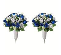 JOYWU Artificial Cemetery Flower with Vase for Headstone,2 Set Graveyard Memorial Flowers,Grave Decoration,Grave Flower Bouquets,Cemetery Headstones Decoration,Outdoor Grave Decorations (Blue-wh)