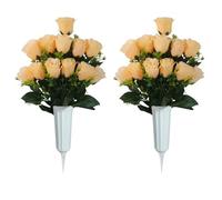 JOYWU Artificial Cemetery Flower with Vase for Headstone,2 Set Graveyard Memorial Flowers,Grave Decoration,Grave Flower Bouquets,Cemetery Headstones Decoration,Outdoor Grave Decorations (yellow)