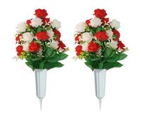 JOYWU Artificial Cemetery Flower with Vase for Headstone,2 Set Graveyard Memorial Flowers,Grave Decoration,Grave Flower Bouquets,Cemetery Headstones Decoration,Outdoor Grave Decorations (red-white)