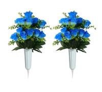 JOYWU Artificial Cemetery Flower with Vase for Headstone,2 Set Graveyard Memorial Flowers,Grave Decoration,Grave Flower Bouquets,Cemetery Headstones Decoration,Outdoor Grave Decorations (blue)