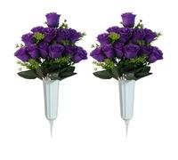JOYWU Artificial Cemetery Flower with Vase for Headstone,2 Set Graveyard Memorial Flowers,Grave Decoration,Grave Flower Bouquets,Cemetery Headstones Decoration,Outdoor Grave Decorations (purple)