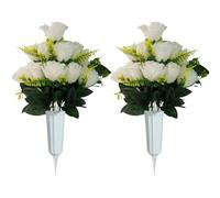 JOYWU Artificial Cemetery Flower with Vase for Headstone,2 Set Graveyard Memorial Flowers,Grave Decoration,Grave Flower Bouquets,Cemetery Headstones Decoration,Outdoor Grave Decorations (white)