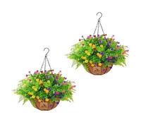 JOYWU Artificial Fake Hanging Plants Flowers with Basket for Outdoor,2 Set 44cm Hanging Planters with Violet and Ferns,Spring Summer Home Garden Decoration,UV Resistant Faux Plants in Coconut Pot