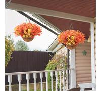 JOYWU Artificial Fall Flowers with Hanging Basket for Outdoor Decoration,2 Set 45cm Red Yellow Orange Eucalyptus Daisy Fern Fake Plants in Hanging Planter for Autumn Porch Garden Patio Yard Decor (B)