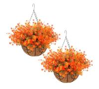 JOYWU Artificial Fall Flowers with Hanging Basket for Outdoor Decoration,2 Set 45cm Red Yellow Orange Eucalyptus Daisy Fern Fake Plants in Hanging Planter for Autumn Porch Garden Patio Yard Decor (A)
