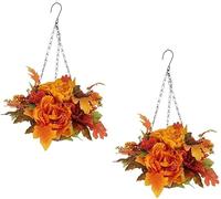 JOYWU Artificial Fall Flowers with Hanging Basket for Outdoor Decoration,2 Set 45cm Red Yellow Orange Eucalyptus Daisy Fern Fake Plants in Hanging Planter for Autumn Porch Garden Patio Yard Decor (C)