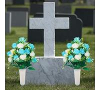 JOYWU Artificial Flowers for Cemetery,2 Set Rose Grave Flowers with Vases and Stakes,White Blue Pink Cemetery Memorial Flowers Decoration for Graveyard Headstones,Outdoor Grave Decor (sky blue)