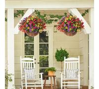 JOYWU Artificial Hanging Flowers in Coconut Lining Basket,2 Pack 45cm Faux Silk Violet Flowers with Hanging Planters for Spring Summer Outdoor Decoration,UV Resistant,Easy to Assembly (colorful)
