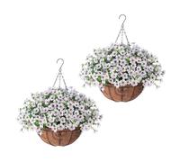 JOYWU Artificial Hanging Flowers in Coconut Lining Basket,2 Pack 45cm Faux Silk Violet Flowers with Hanging Planters for Spring Summer Outdoor Decoration,UV Resistant,Easy to Assembly (white)