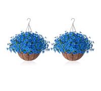 JOYWU Artificial Hanging Flowers in Coconut Lining Basket,2 Pack 45cm Faux Silk Violet Flowers with Hanging Planters for Spring Summer Outdoor Decoration,UV Resistant,Easy to Assembly (blue)