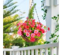 JOYWU Artificial Hanging Plants Flowers Basket for Outdoor,44 x 28cm Hanging Colorful Daisy Artificial Flowers and Green Leaves in Coconut Pot,Outside Spring Summer Hanging Decoration (pink)