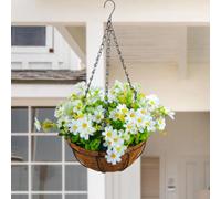 JOYWU Artificial Hanging Plants Flowers Basket for Outdoor,44 x 28cm Hanging Colorful Daisy Artificial Flowers and Green Leaves in Coconut Pot,Outside Spring Summer Hanging Decoration (white)