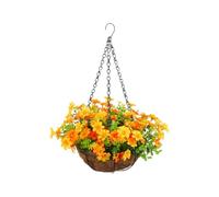 JOYWU Artificial Hanging Plants Flowers Basket for Outdoor,44 x 28cm Hanging Colorful Daisy Artificial Flowers and Green Leaves in Coconut Pot,Outside Spring Summer Hanging Decoration (Orange)