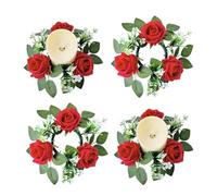 JOYWU Artificial Rose Candle Rings, 4 Pack 10" Mini Spring Flower Wreaths with Green Leaves, Rustic Rose Candle Holder for Pillar Candles, Wedding Centerpiece Party Home Table Decor (Red)