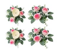 JOYWU Artificial Rose Candle Rings, 4 Pack 10" Mini Spring Flower Wreaths with Green Leaves, Rustic Rose Candle Holder for Pillar Candles, Wedding Centerpiece Party Home Table Decor (Pink)