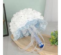 JOYWU Bride Bridesmaid Bouquet,28cm White Wedding Bouquets with Diamond and Ribbons,Brides Throw Bouquet,Hand Holding Roses Flowers,Wedding Party Decor (blue)