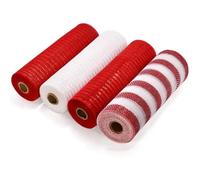 JOYWU Christmas Deco Mesh & Ribbons, 4 Roll 25cm x 10 Yard Poly Burlap Red, Green & White Metallic Foil Xmas Decoration for Wreaths, Trees