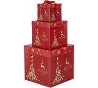 JOYWU Christmas Stackable Gift Boxes with Lids,3 Pcs 46cm Xmas Nesting Box for Gift Wrapping,Square Santa Snowman Xmas Tree Stacking Small Present Boxes,Indoor Christmas Decorative Boxes (red)