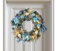 JOYWU Christmas Wreath with Led Light,40cm Lighted White Snow Flocked Winter Wreaths with Xmas Ball,Bow,Ribbon and Gifts Box,Snowy Flocked Xmas Wreath Decor for Fireplaces Walls Windows (Blue)
