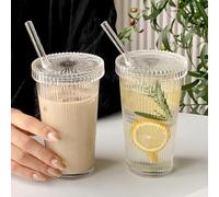 JOYWU Clear Glass Cups with Lids and Straws,2 Pcs 375ml Ribbed Glass Tumbler with Straws and Lids,Vintage Drinking Glasses,Ripple Iced Coffee Cup,Creative Drink Cups,Cute Tumbler Cup