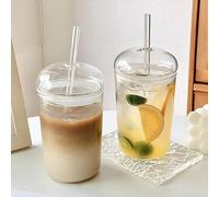 JOYWU Clear Glass Cups with Lids and Straws,2 Set 500ml Glass Tumbler with Straws and Lids,Vintage Drinking Glasses,Transparent Iced Coffee Cup,Creative Drink Cups,Cute Tumbler Cup