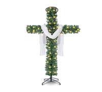 JOYWU Cross Easter Tree with LED Lights, 5ft/ 6ft Lighted Cross Shape Christmas Tree with Rattan Ring & Silk Scarf for Decoration, Easy Assembly Indoor Holiday Decor for Easter, Christmas (150cm/5ft)