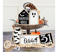 JOYWU Cute Ghost Witch Wooden Table Signs,6 Pcs/Set Halloween Tiered Tray Decor Set with Bat Coffin,Haunted House,Ghost,Witches,October 31 Sign and Bead Garland,Halloween Wooden Signs for Table Shelf