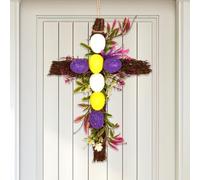 JOYWU Easter Cross Wreath with Colorful Eggs,40cm Easter Egg Wreath with Flowers and Leaves,Easter Religious Cross Wreath Sign,Tulip Cross Wreath,Spring Home Decor Wreath,Easter Decorations (Purple)