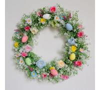 JOYWU Easter Eggs Wreath,45cm Easter Wreath with Colored Eggs,Leaves and Flowers,Artificial Mixed Twigs Spring Wreath,DIY Grapevine Easter Door Wreath,Easter Hanging Ornaments for Door,Walls (flower)