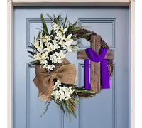 JOYWU Easter Wreath with Cross Sign,40cm Easter Cross Wreath with Burlap Bow,Lilies,Leaves and Gauze,Spring Door Wreath,Hanging Easter Door Sign,Spring Lily Wreath,Easter Decor,Spring Decor (Purple)