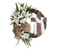 JOYWU Easter Wreath with Cross Sign,40cm Easter Cross Wreath with Burlap Bow,Lilies,Leaves and Gauze,Spring Door Wreath,Hanging Easter Door Sign,Spring Lily Wreath,Easter Decor,Spring Decor (White)