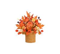 JOYWU Fall Wreath Basket for Front Door,50cm Fall Hanging Baskets Wreath with Pumpkins,Maple Leaves,Flower,Berries and Hydrangea,Realistic Maple Leaves with Pumpkin in Rattan Basket,Autumn Decor