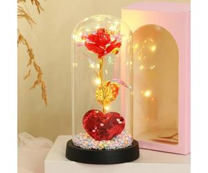 JOYWU Galaxy Rose Gift for Her,20cm Light Up Galaxy Roses in Glass Dome with Heart,Galaxy Preserved Rose Gift for Women,Lighted Artificial Forever Flower for Mom,Wife,Valentine's Day Decor (Red)