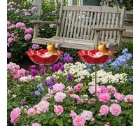 JOYWU Handmade Metal Flower Garden Stake with Bee Bath & Bird Water Bowl,2 Pcs 60cm 3-in-1 Bird Bath Bee Watering Station with 3D Flower Design,Lifelike Red Poppy Garden Stakes Decoration