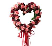 JOYWU Heart Shaped Rose Wreath,35cm Valentine’s Day Floral Wreath with Ribbons,Artificial Rose Flowers Wreath,Heart-Shaped Wreath for Front Door,Valentine’s Day Wedding Decoration (Red-1)