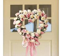 JOYWU Heart Shaped Rose Wreath,35cm Valentine’s Day Floral Wreaths with Ribbons,Artificial Rose Flowers Wreaths,Heart-Shaped Wreath for Front Door,Valentine’s Day Wedding Decoration (Pink)