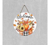 JOYWU Hello Fall Welcome Sign for Front Door,30cm Thanksgiving Welcome Door Signs,One Side Printed Maple Leaves Pumpkin Gnome Car Autumn Wreath Sign for Wall Fireplace Window,Fall Decor (B)