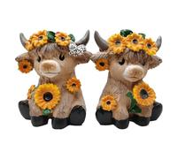 JOYWU Highland Cow Figurines,2 Pcs 12cm Spring Highland Cows Decor with Hat or SunFlower,Sitting Cattle Gnomes Decor,Brown Calf Resin Statues for Spring Summer Decor,Small Animal Figurines (Flower)