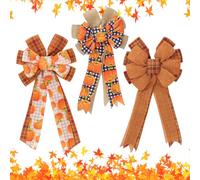JOYWU Large Fall Bows for Wreath, 3 Pcs 50 x 28cm Thanksgiving Pumpkin Wreath Bows,Buffalo Plaid Autumn Tree Topper Bows,Orange Plaid Fall Wreath Bows,Holiday Front Door Bows,Thanksgiving Fall Decor
