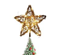 JOYWU Lighted Rattan Star Tree Topper,28cm Battery Powered Star Christmas Tree Topper with Spring Base,Rustic Xmas Tree Hat with 15 LED Lights,Christmas Decorations,Xmas Tree Ornaments